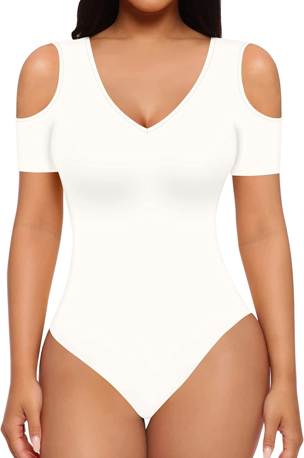 Women Sexy Cutout Cold Shoulder Top V Neck Short Sleeve Bodysuit/Mock Turtle Neck Long Sleeve Bodysuit T Shirt A Short Sleeve White / Small