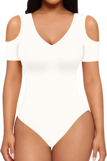 Women Sexy Cutout Cold Shoulder Top V Neck Short Sleeve Bodysuit/Mock Turtle Neck Long Sleeve Bodysuit T Shirt A Short Sleeve White / Small