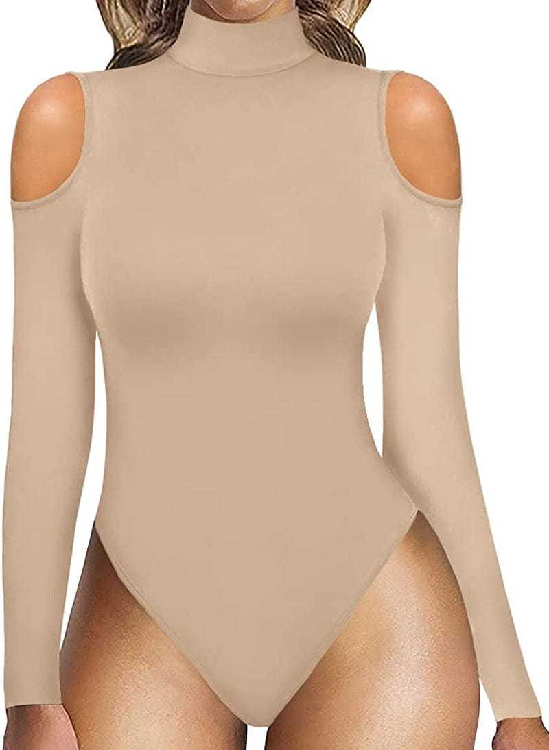 Women Sexy Cutout Cold Shoulder Top V Neck Short Sleeve Bodysuit/Mock Turtle Neck Long Sleeve Bodysuit T Shirt Long Sleeve Nude / Small