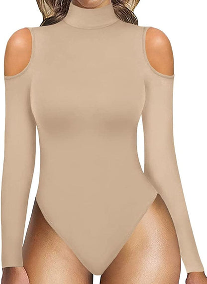 Women Sexy Cutout Cold Shoulder Top V Neck Short Sleeve Bodysuit/Mock Turtle Neck Long Sleeve Bodysuit T Shirt Long Sleeve Nude / Small