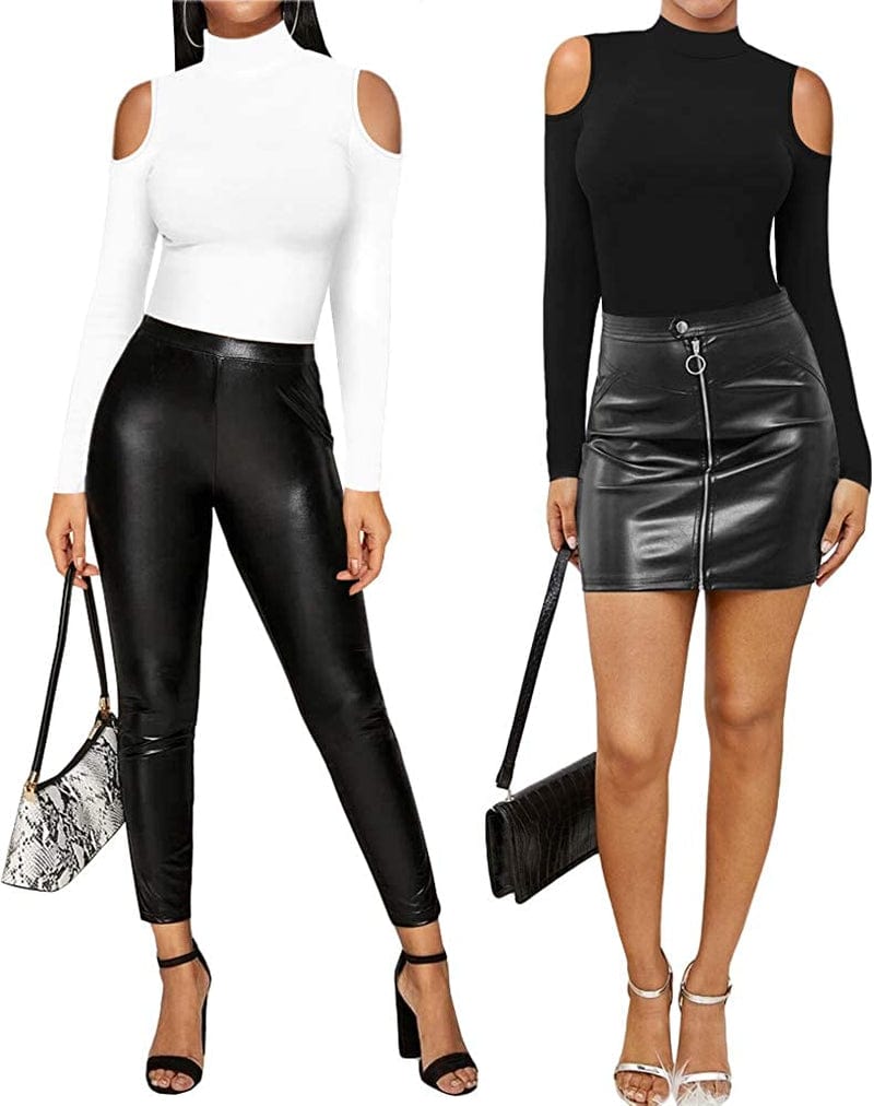 Women Sexy Cutout Cold Shoulder Top V Neck Short Sleeve Bodysuit/Mock Turtle Neck Long Sleeve Bodysuit T Shirt