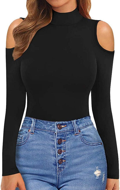 Women Sexy Cutout Cold Shoulder Top V Neck Short Sleeve Bodysuit/Mock Turtle Neck Long Sleeve Bodysuit T Shirt