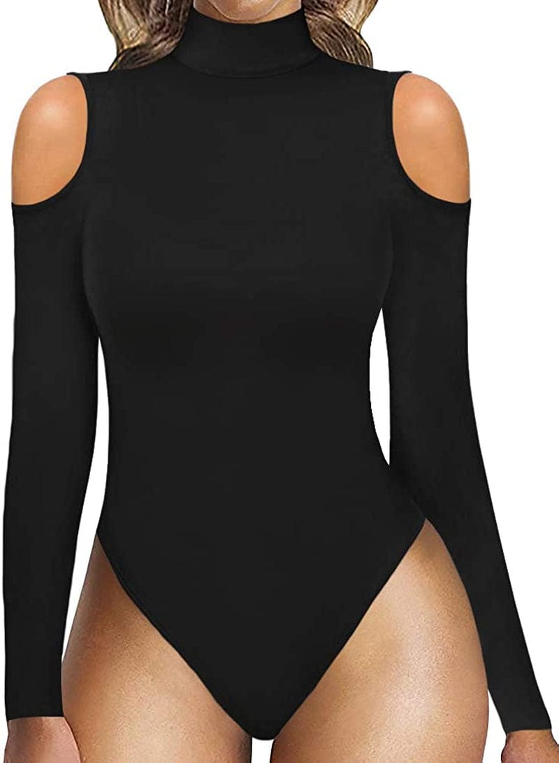 Women Sexy Cutout Cold Shoulder Top V Neck Short Sleeve Bodysuit/Mock Turtle Neck Long Sleeve Bodysuit T Shirt B Long Sleeve Black / Small