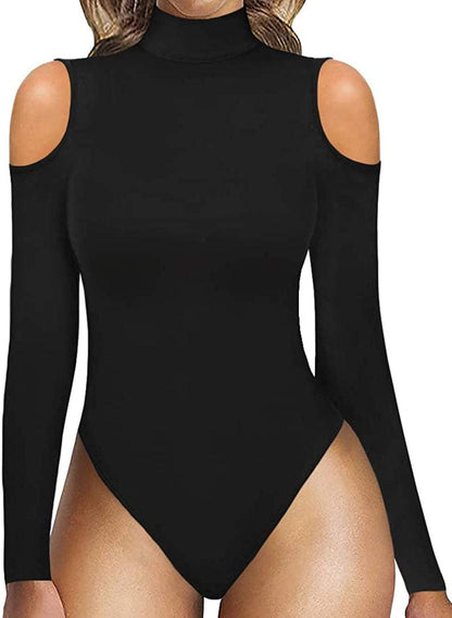 Women Sexy Cutout Cold Shoulder Top V Neck Short Sleeve Bodysuit/Mock Turtle Neck Long Sleeve Bodysuit T Shirt B Long Sleeve Black / Small
