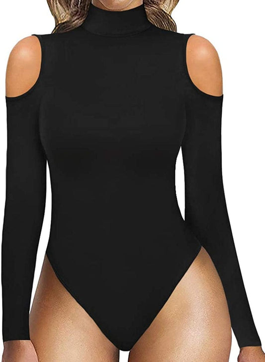 Women Sexy Cutout Cold Shoulder Top V Neck Short Sleeve Bodysuit/Mock Turtle Neck Long Sleeve Bodysuit T Shirt B Long Sleeve Black / Small