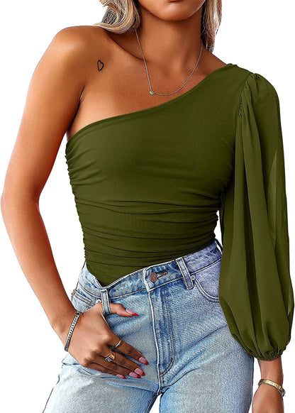 Women Sexy One Shoulder Mesh Long Sleeve Bodysuit Leotard Top Army Green / Large