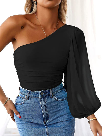 Women Sexy One Shoulder Mesh Long Sleeve Bodysuit Leotard Top