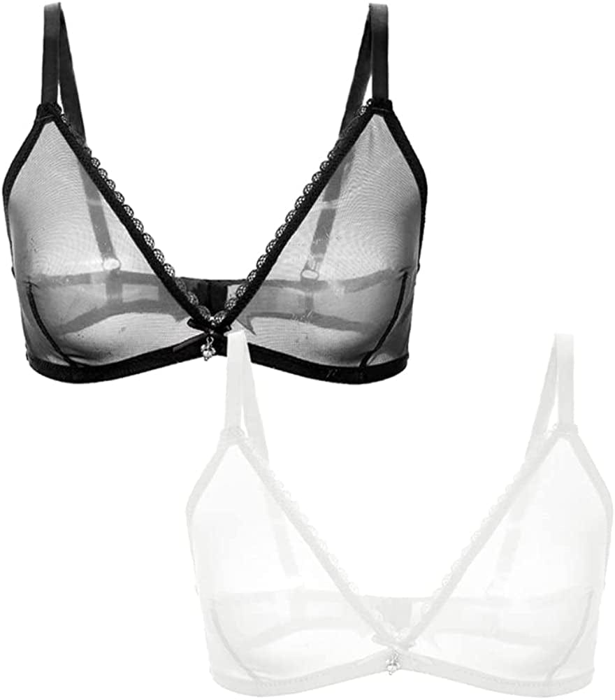 Women Sheer Mesh Transparent Unlined Bra Sexy Wireless Underwear… Wireless 2 Pack: Black+white / Small