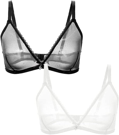 Women Sheer Mesh Transparent Unlined Bra Sexy Wireless Underwear… Wireless 2 Pack: Black+white / Small