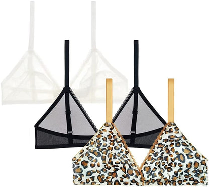 Women Sheer Mesh Transparent Unlined Bra Sexy Wireless Underwear… Black+white+leoprad / Large