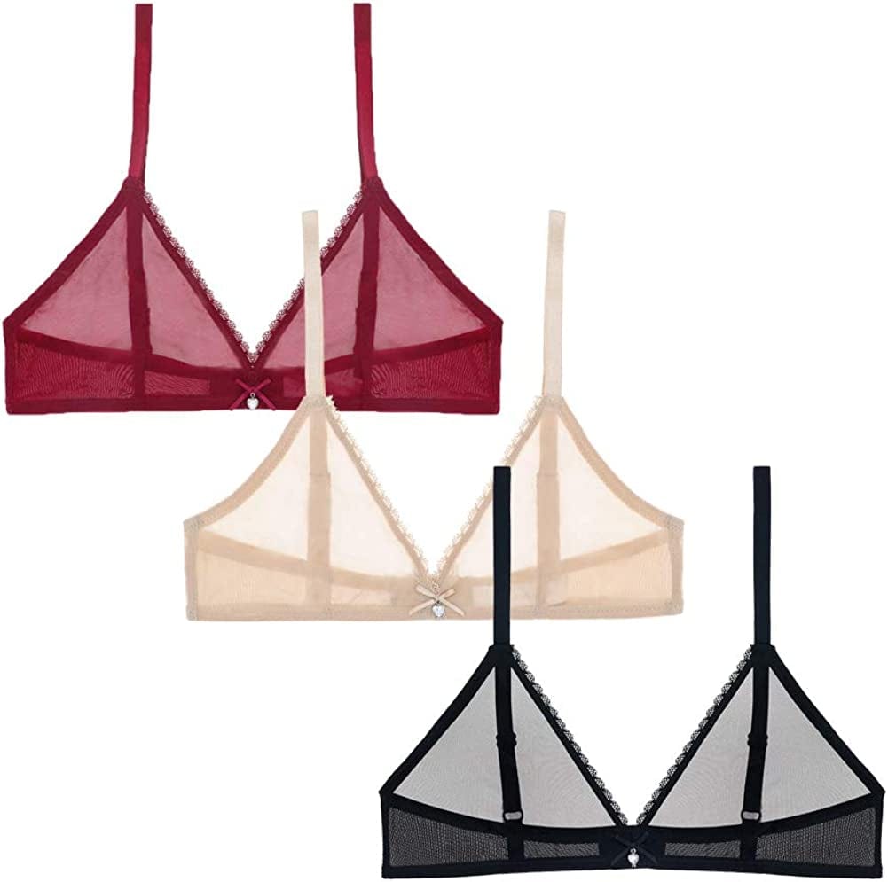 Women Sheer Mesh Transparent Unlined Bra Sexy Wireless Underwear… Wireless 3 Pack: Black+wine Red+beige / X-Large