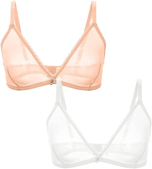 Women Sheer Mesh Transparent Unlined Bra Sexy Wireless Underwear… Wireless 2 Pack: White+beige / X-Large