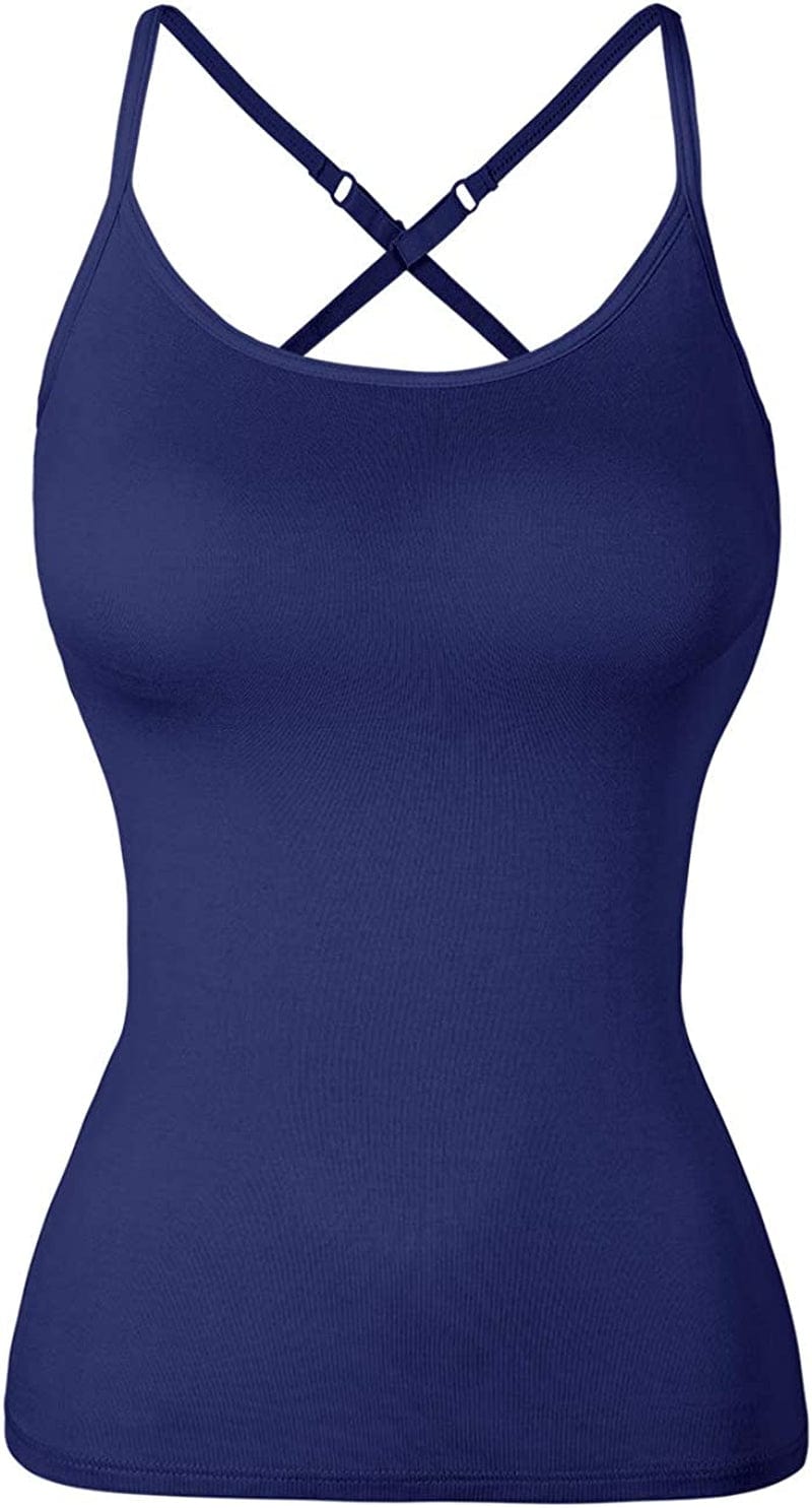 Women Spaghetti Strap Camisole Built in Shelf Bra Sleeveless Tank Top Padded Layering Undershirts Casual Navy-criss Cross / Medium