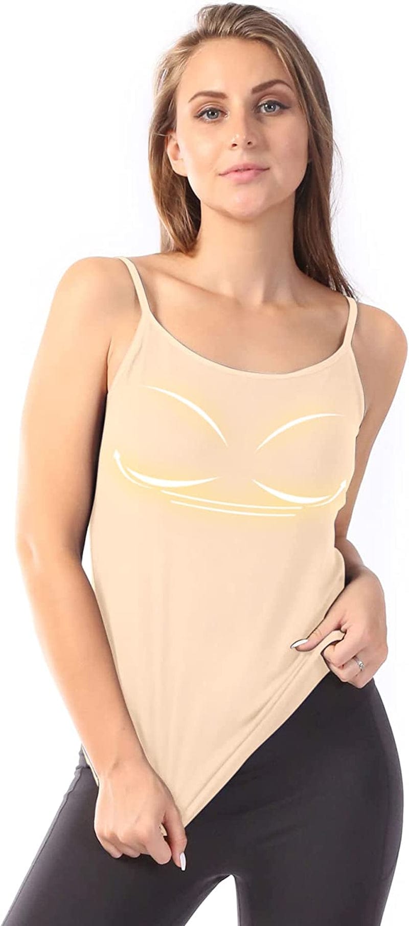 Women Spaghetti Strap Camisole Built in Shelf Bra Sleeveless Tank Top Padded Layering Undershirts Casual Nude / X-Large