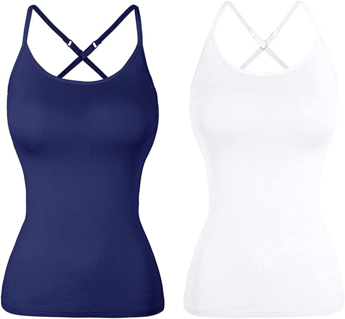 Women Spaghetti Strap Camisole Built in Shelf Bra Sleeveless Tank Top Padded Layering Undershirts Casual Navy White-criss Cross / Medium
