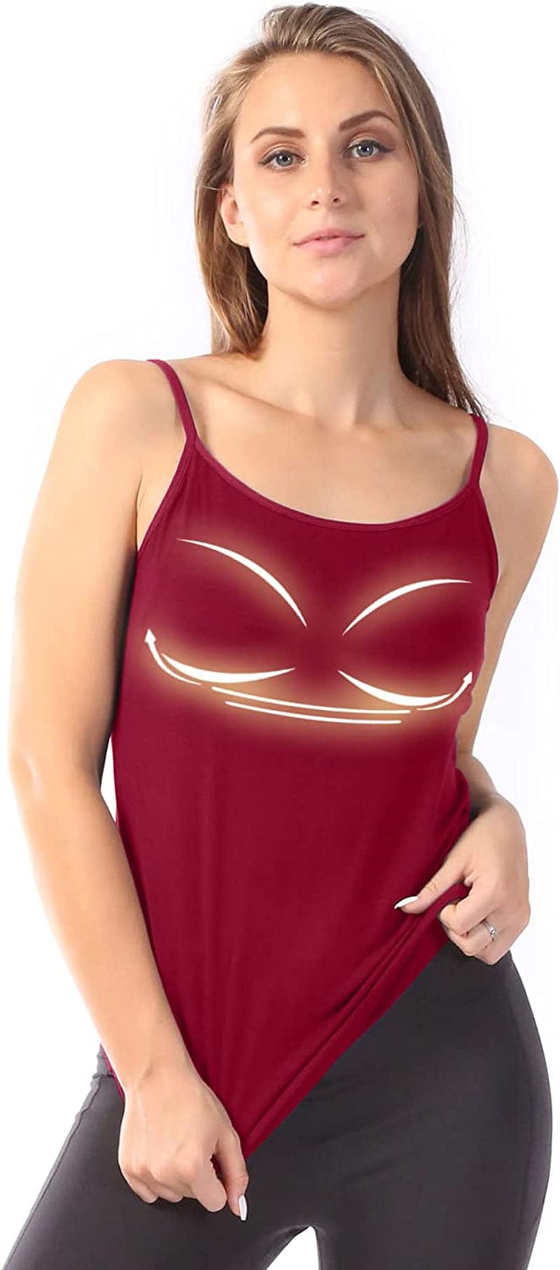 Women Spaghetti Strap Camisole Built in Shelf Bra Sleeveless Tank Top Padded Layering Undershirts Casual Burgundy / XX-Large