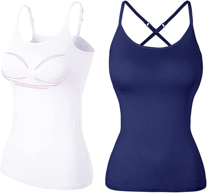 Women Spaghetti Strap Camisole Built in Shelf Bra Sleeveless Tank Top Padded Layering Undershirts Casual Navy/White-2 Style / Medium
