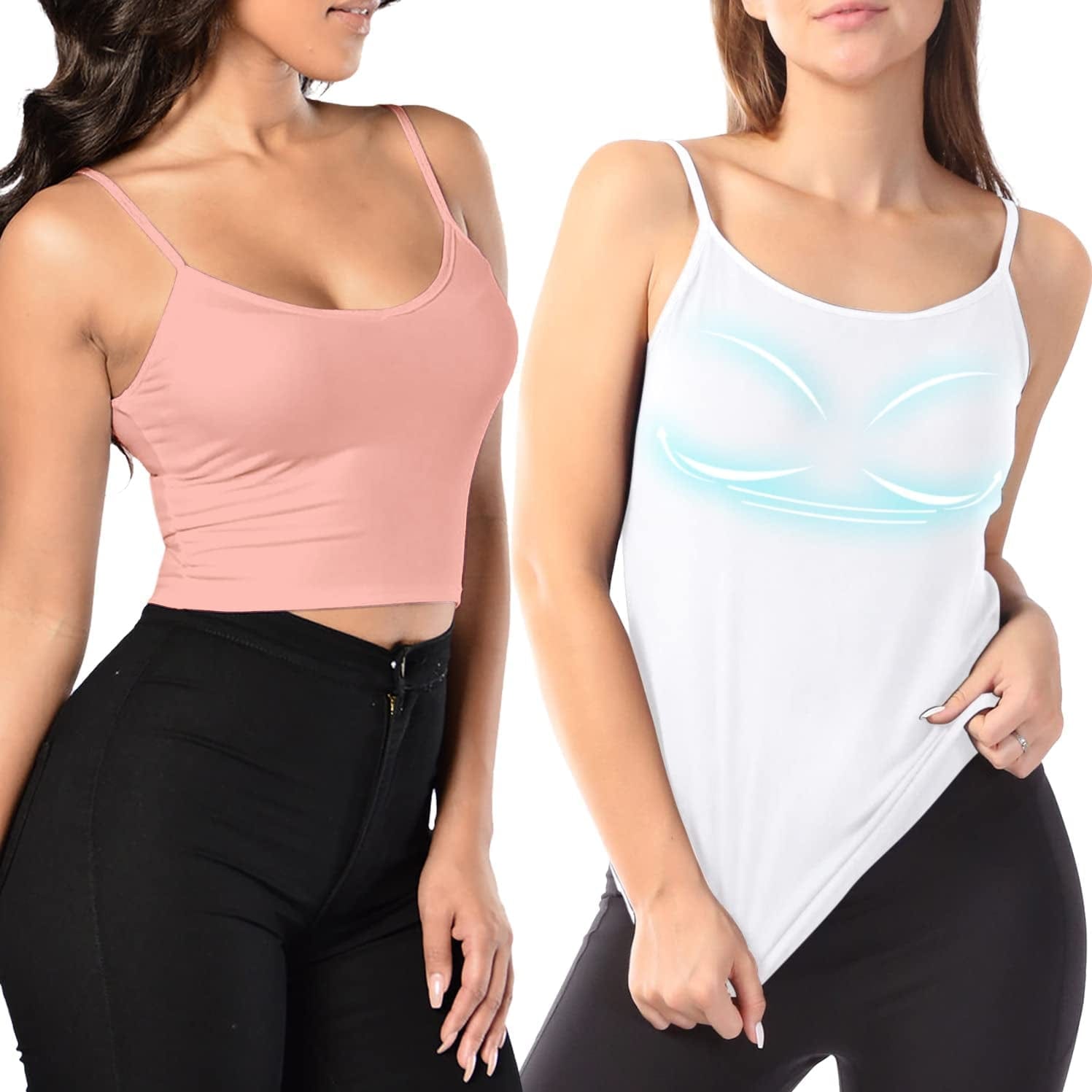 Women Spaghetti Strap Camisole Built in Shelf Bra Sleeveless Tank Top Padded Layering Undershirts Casual Pink(crop)/White(regular)-01 / Small