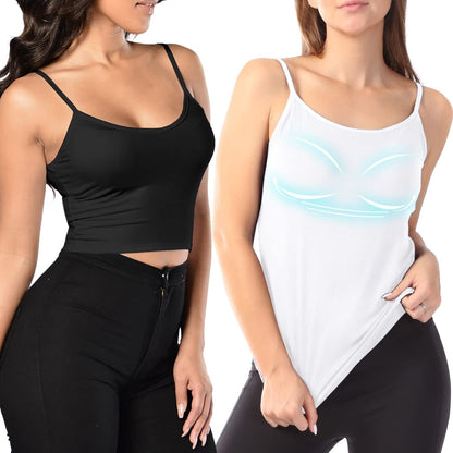 Women Spaghetti Strap Camisole Built in Shelf Bra Sleeveless Tank Top Padded Layering Undershirts Casual Black(crop)/White(regular)-01 / Small