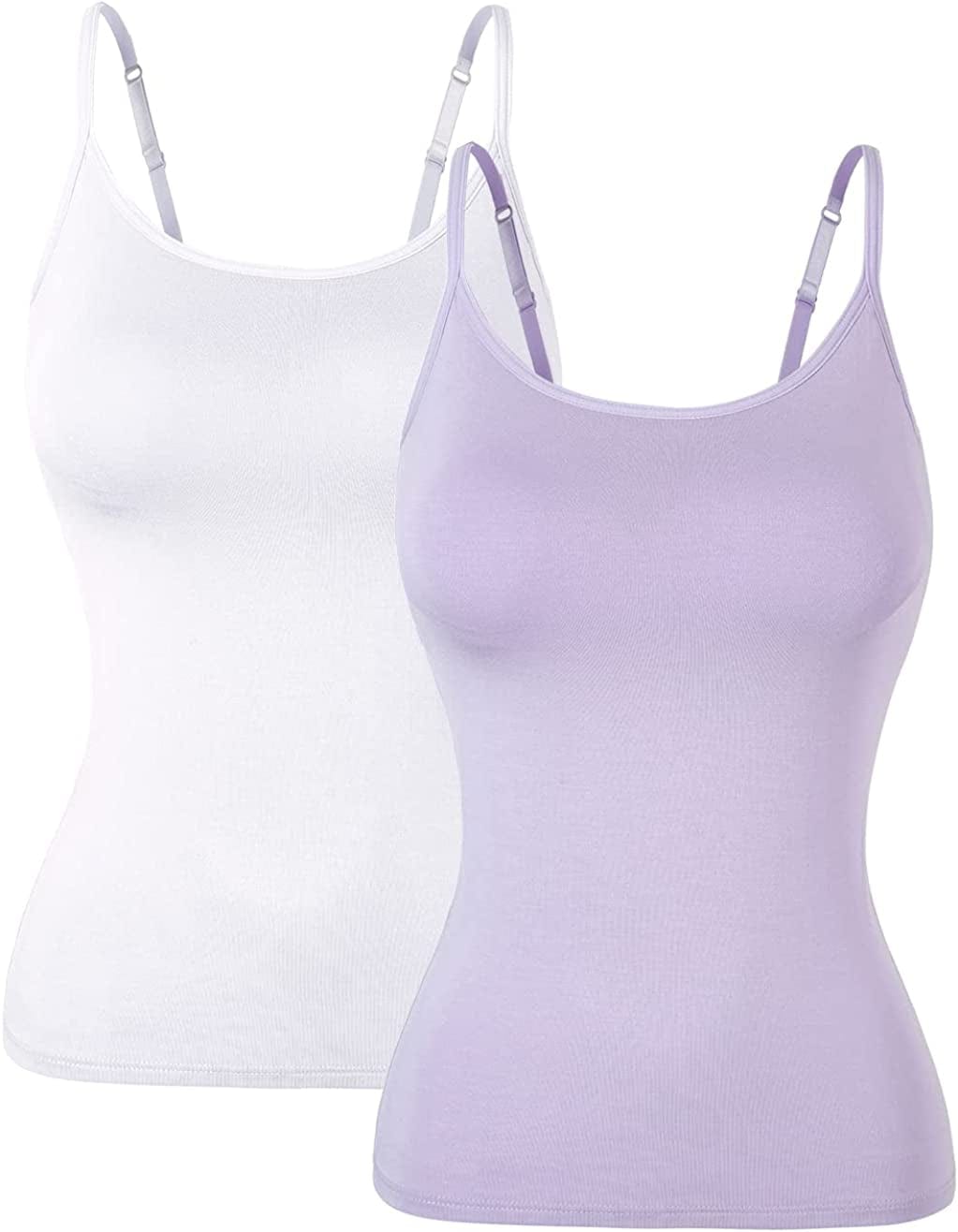 Women Spaghetti Strap Camisole Built in Shelf Bra Sleeveless Tank Top Padded Layering Undershirts Casual White Purple / Small