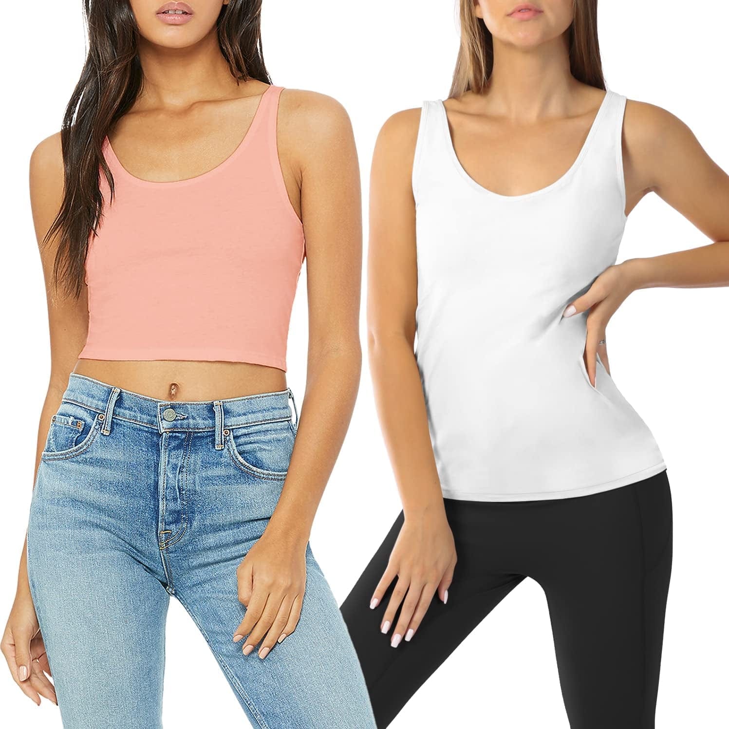 Women Spaghetti Strap Camisole Built in Shelf Bra Sleeveless Tank Top Padded Layering Undershirts Casual Black(crop)/White(regular)-02 / Small