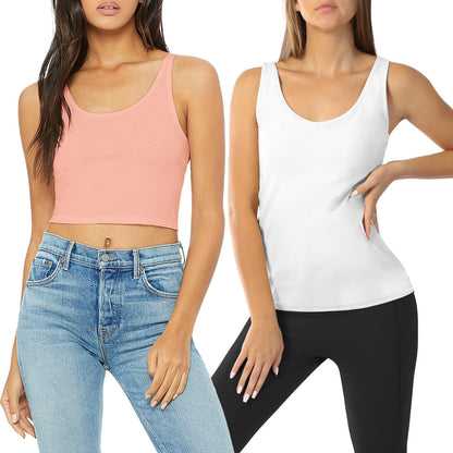 Women Spaghetti Strap Camisole Built in Shelf Bra Sleeveless Tank Top Padded Layering Undershirts Casual Black(crop)/White(regular)-02 / Small