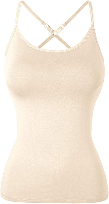 Women Spaghetti Strap Camisole Built in Shelf Bra Sleeveless Tank Top Padded Layering Undershirts Casual Nude-criss Cross / Large