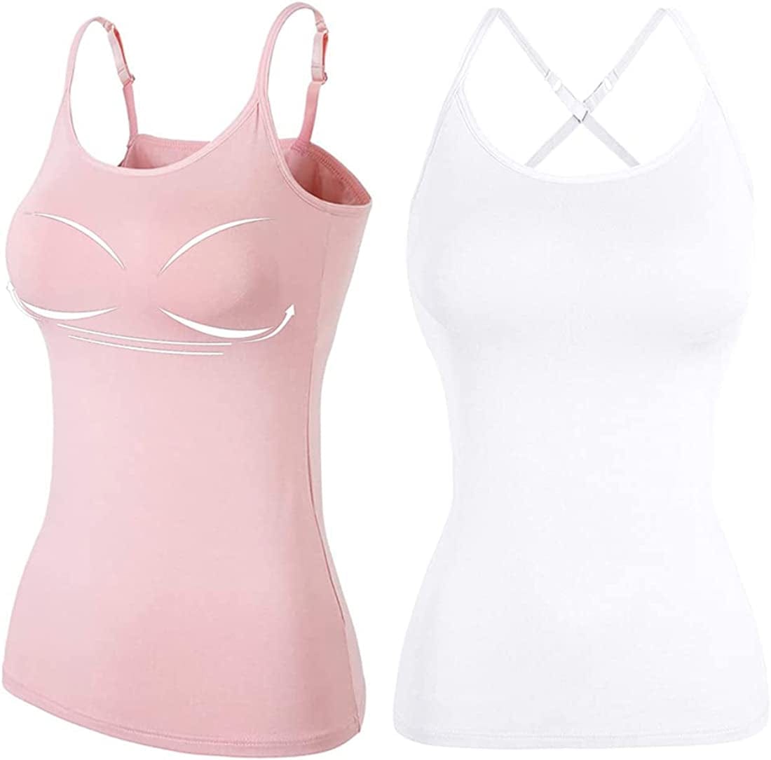 Women Spaghetti Strap Camisole Built in Shelf Bra Sleeveless Tank Top Padded Layering Undershirts Casual White/Pink-2 Style / XX-Large