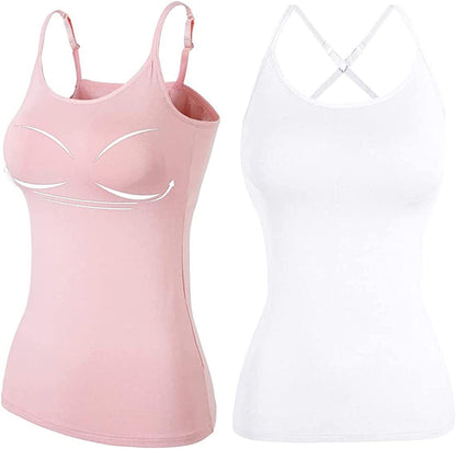 Women Spaghetti Strap Camisole Built in Shelf Bra Sleeveless Tank Top Padded Layering Undershirts Casual White/Pink-2 Style / XX-Large
