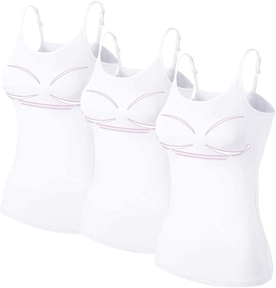 Women Spaghetti Strap Camisole Built in Shelf Bra Sleeveless Tank Top Padded Layering Undershirts Casual 3pcs White / Large