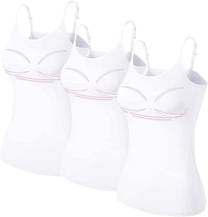Women Spaghetti Strap Camisole Built in Shelf Bra Sleeveless Tank Top Padded Layering Undershirts Casual 3pcs White / Large