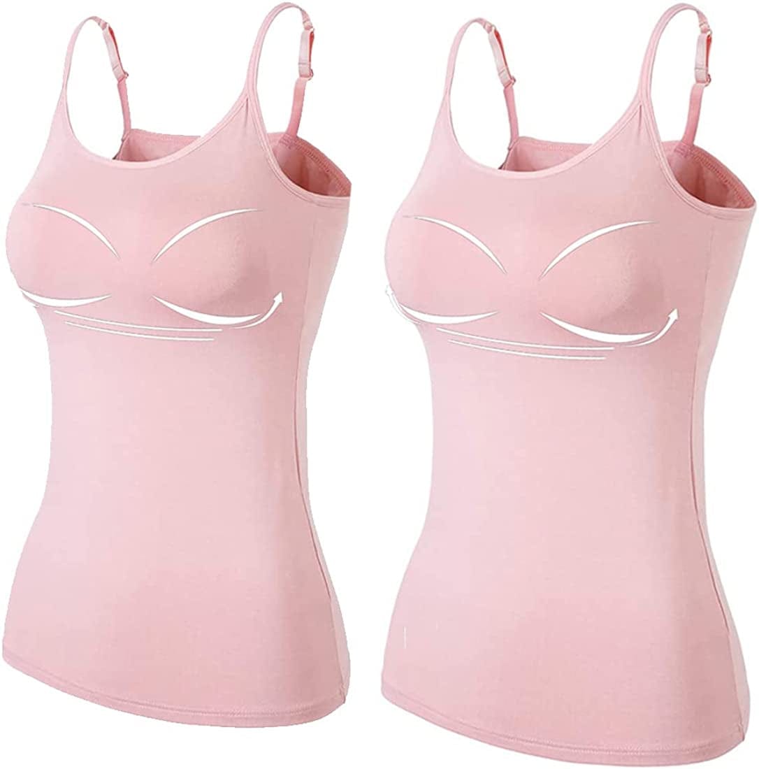 Women Spaghetti Strap Camisole Built in Shelf Bra Sleeveless Tank Top Padded Layering Undershirts Casual 2pcs Pink / X-Large