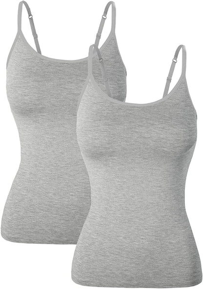 Women Spaghetti Strap Camisole Built in Shelf Bra Sleeveless Tank Top Padded Layering Undershirts Casual 2pcs Gray / Small