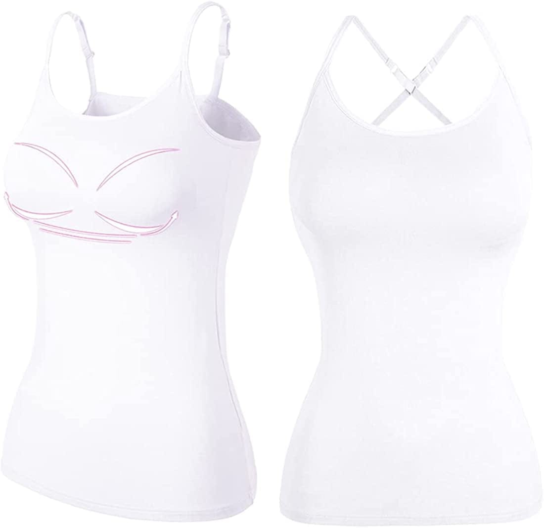 Women Spaghetti Strap Camisole Built in Shelf Bra Sleeveless Tank Top Padded Layering Undershirts Casual 2white-2 Style / Medium
