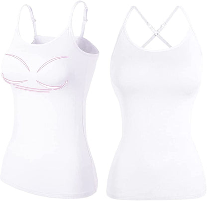 Women Spaghetti Strap Camisole Built in Shelf Bra Sleeveless Tank Top Padded Layering Undershirts Casual 2white-2 Style / Medium