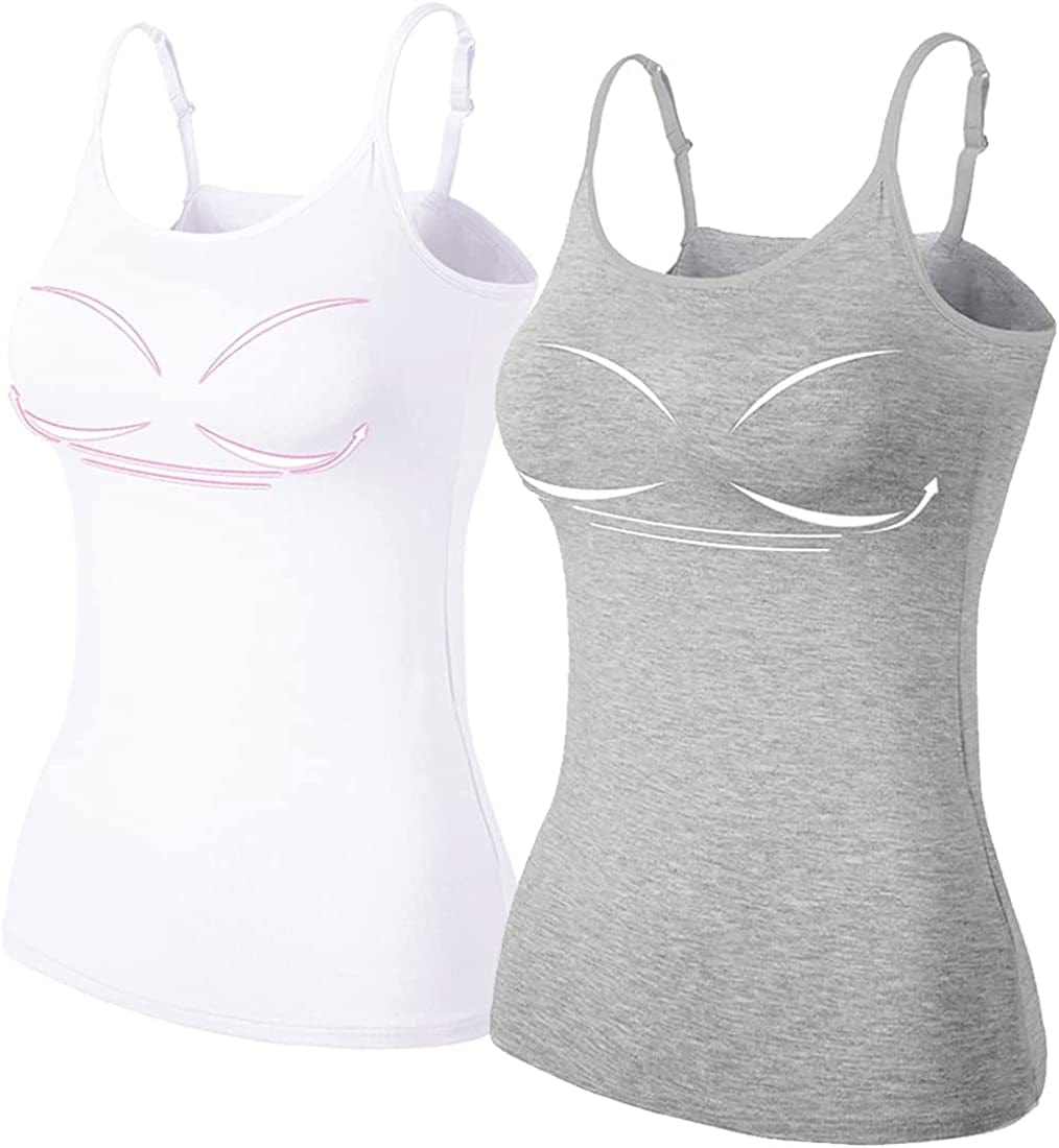 Women Spaghetti Strap Camisole Built in Shelf Bra Sleeveless Tank Top Padded Layering Undershirts Casual Gray White / Small