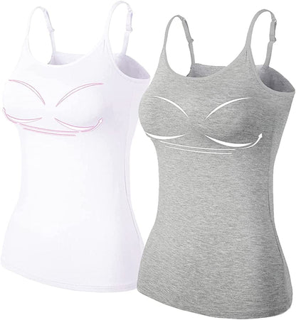Women Spaghetti Strap Camisole Built in Shelf Bra Sleeveless Tank Top Padded Layering Undershirts Casual Gray White / Small