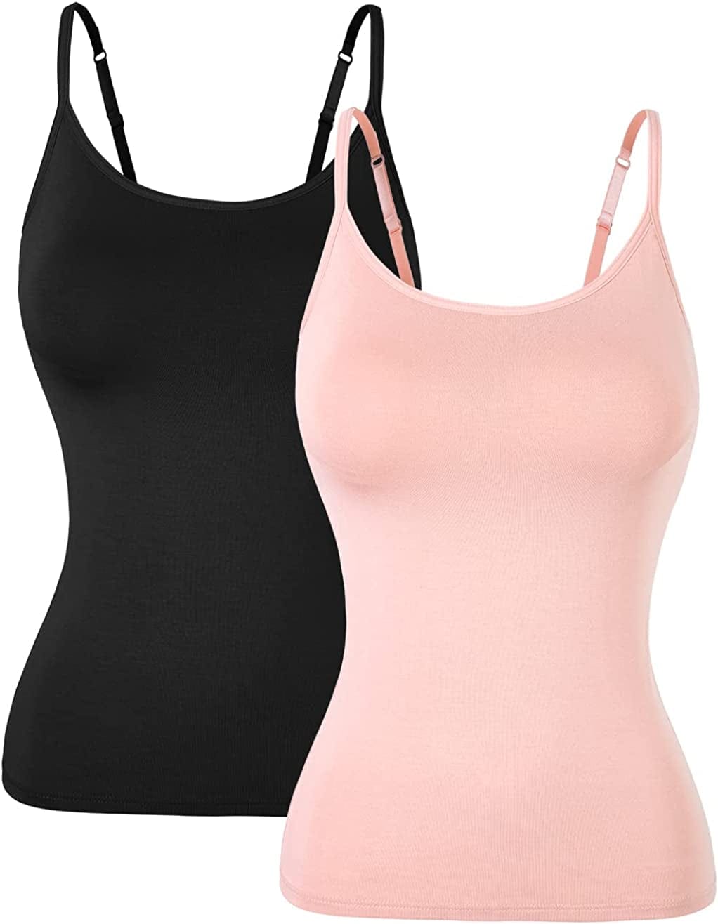 Women Spaghetti Strap Camisole Built in Shelf Bra Sleeveless Tank Top Padded Layering Undershirts Casual Black Pink / X-Large