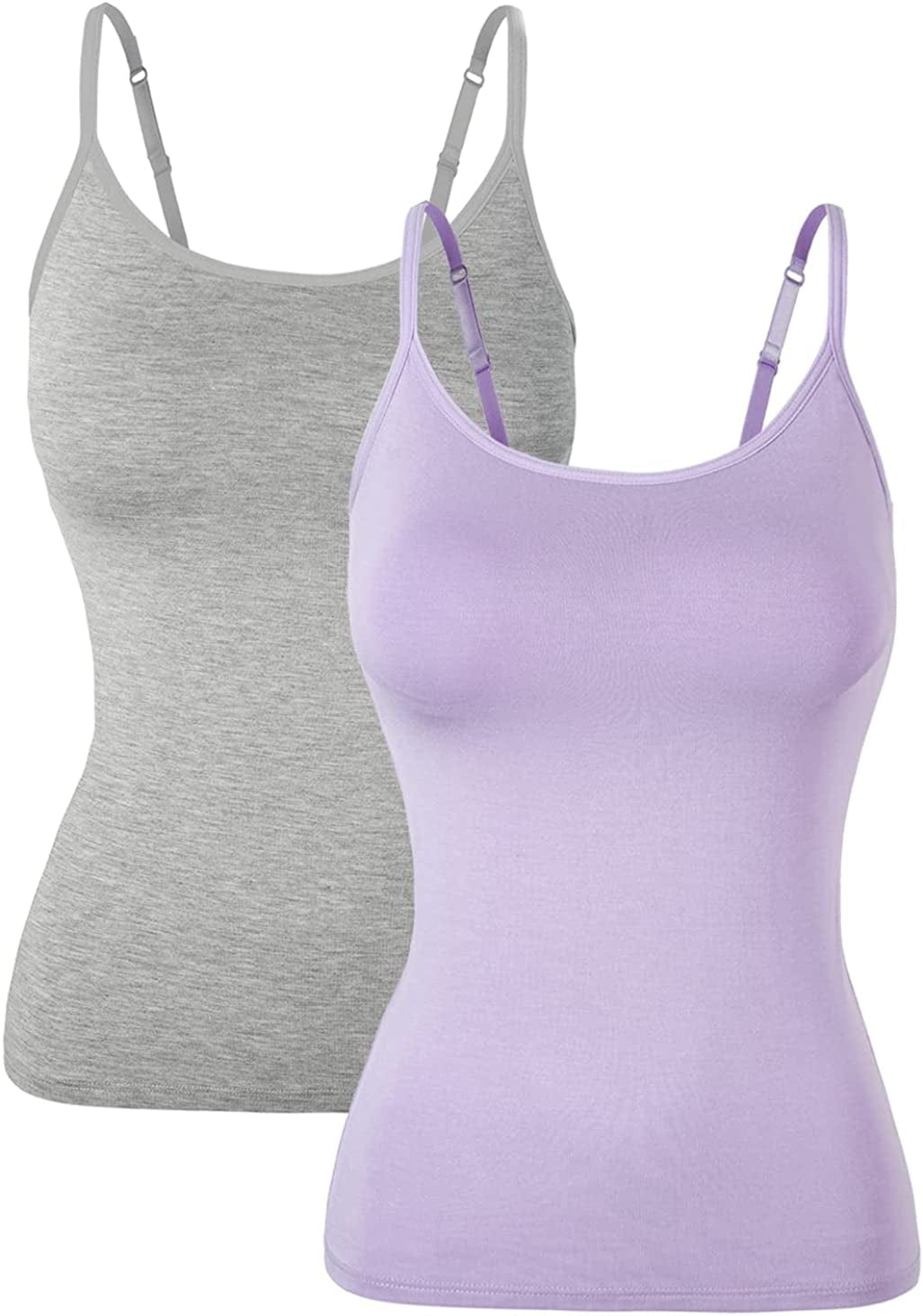 Women Spaghetti Strap Camisole Built in Shelf Bra Sleeveless Tank Top Padded Layering Undershirts Casual Gray Purple / Small