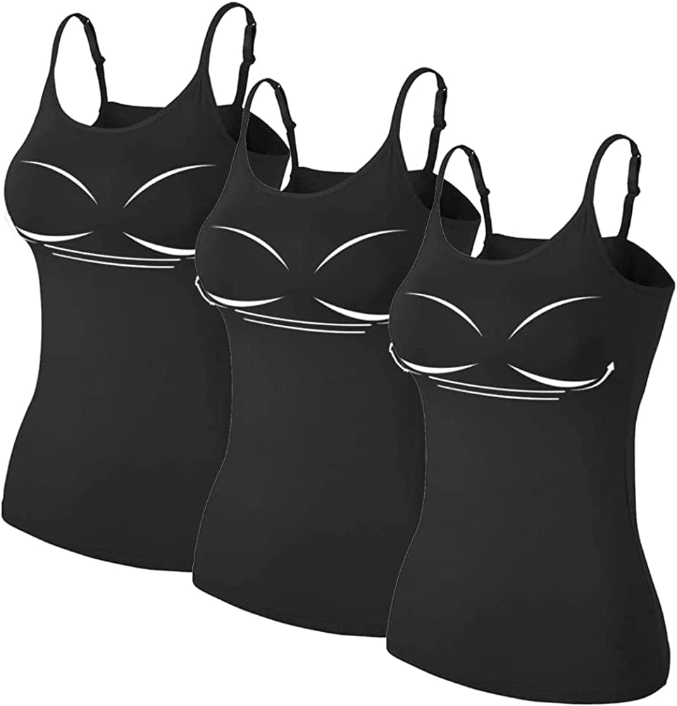 Women Spaghetti Strap Camisole Built in Shelf Bra Sleeveless Tank Top Padded Layering Undershirts Casual 3pcs Black / XX-Large