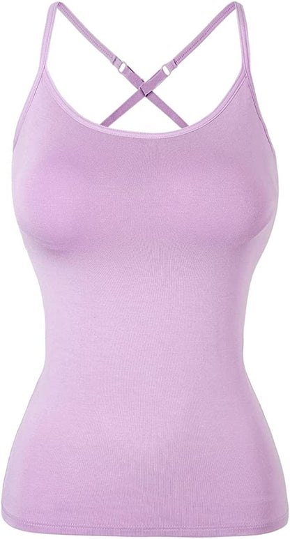 Women Spaghetti Strap Camisole Built in Shelf Bra Sleeveless Tank Top Padded Layering Undershirts Casual Purple-criss Cross / Medium