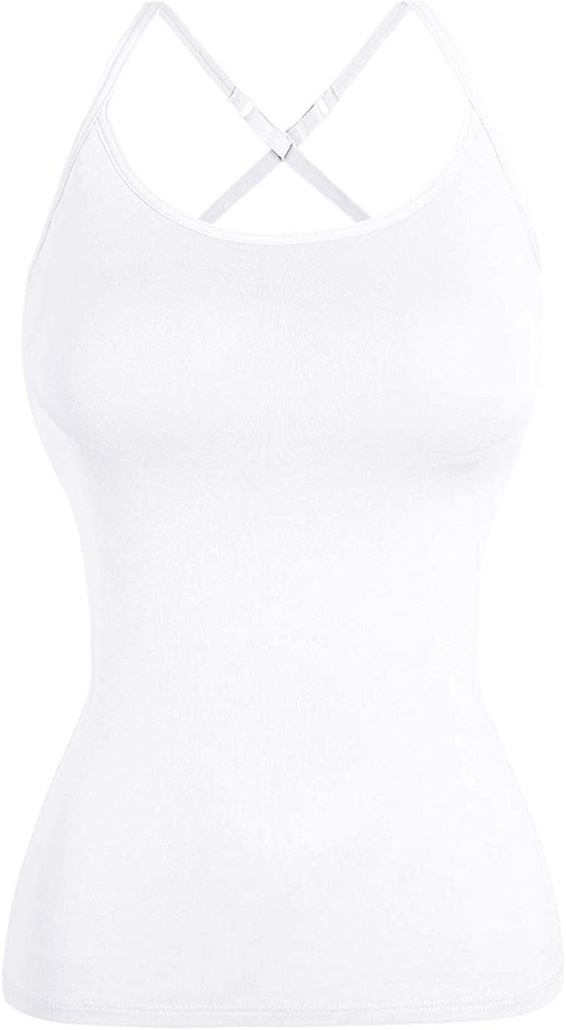 Women Spaghetti Strap Camisole Built in Shelf Bra Sleeveless Tank Top Padded Layering Undershirts Casual White-criss Cross / Medium