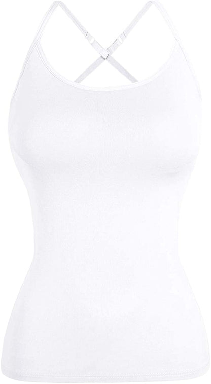 Women Spaghetti Strap Camisole Built in Shelf Bra Sleeveless Tank Top Padded Layering Undershirts Casual White-criss Cross / Medium