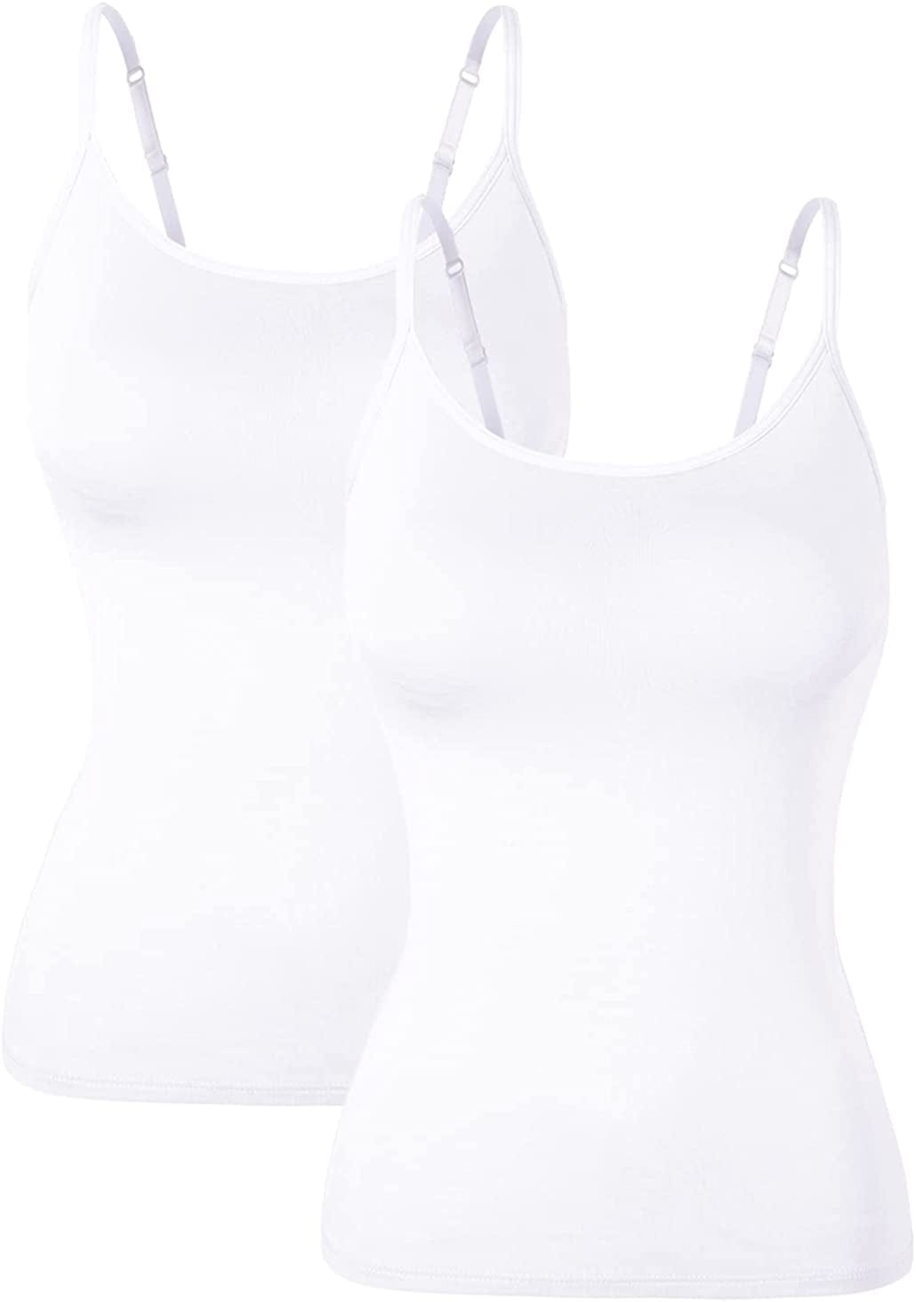 Women Spaghetti Strap Camisole Built in Shelf Bra Sleeveless Tank Top Padded Layering Undershirts Casual 2pcs White / Medium