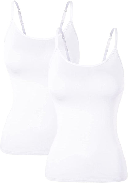Women Spaghetti Strap Camisole Built in Shelf Bra Sleeveless Tank Top Padded Layering Undershirts Casual 2pcs White / Medium