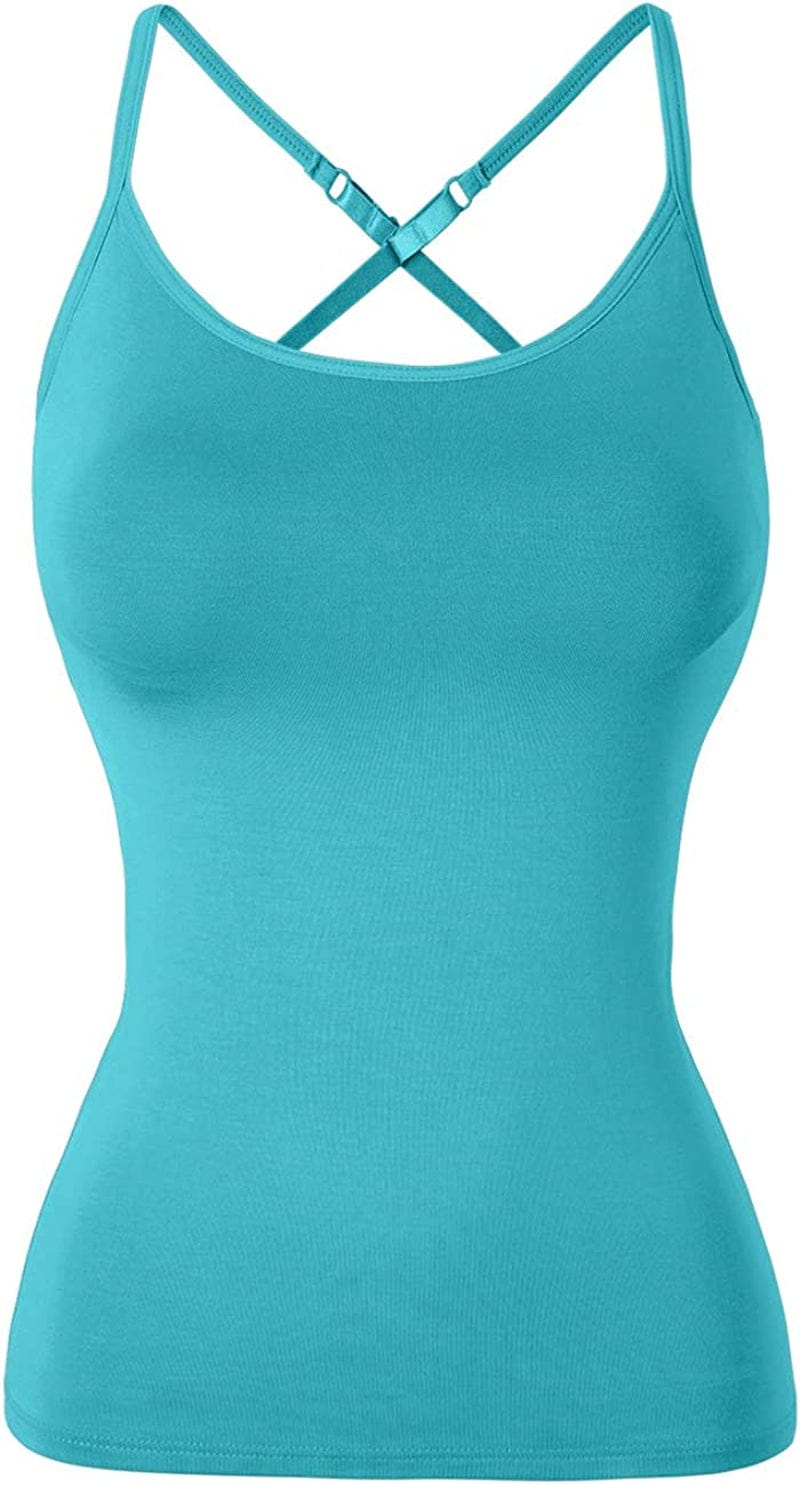 Women Spaghetti Strap Camisole Built in Shelf Bra Sleeveless Tank Top Padded Layering Undershirts Casual Aqua-criss Cross / Medium