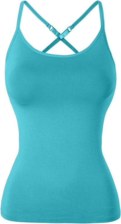 Women Spaghetti Strap Camisole Built in Shelf Bra Sleeveless Tank Top Padded Layering Undershirts Casual Aqua-criss Cross / Medium