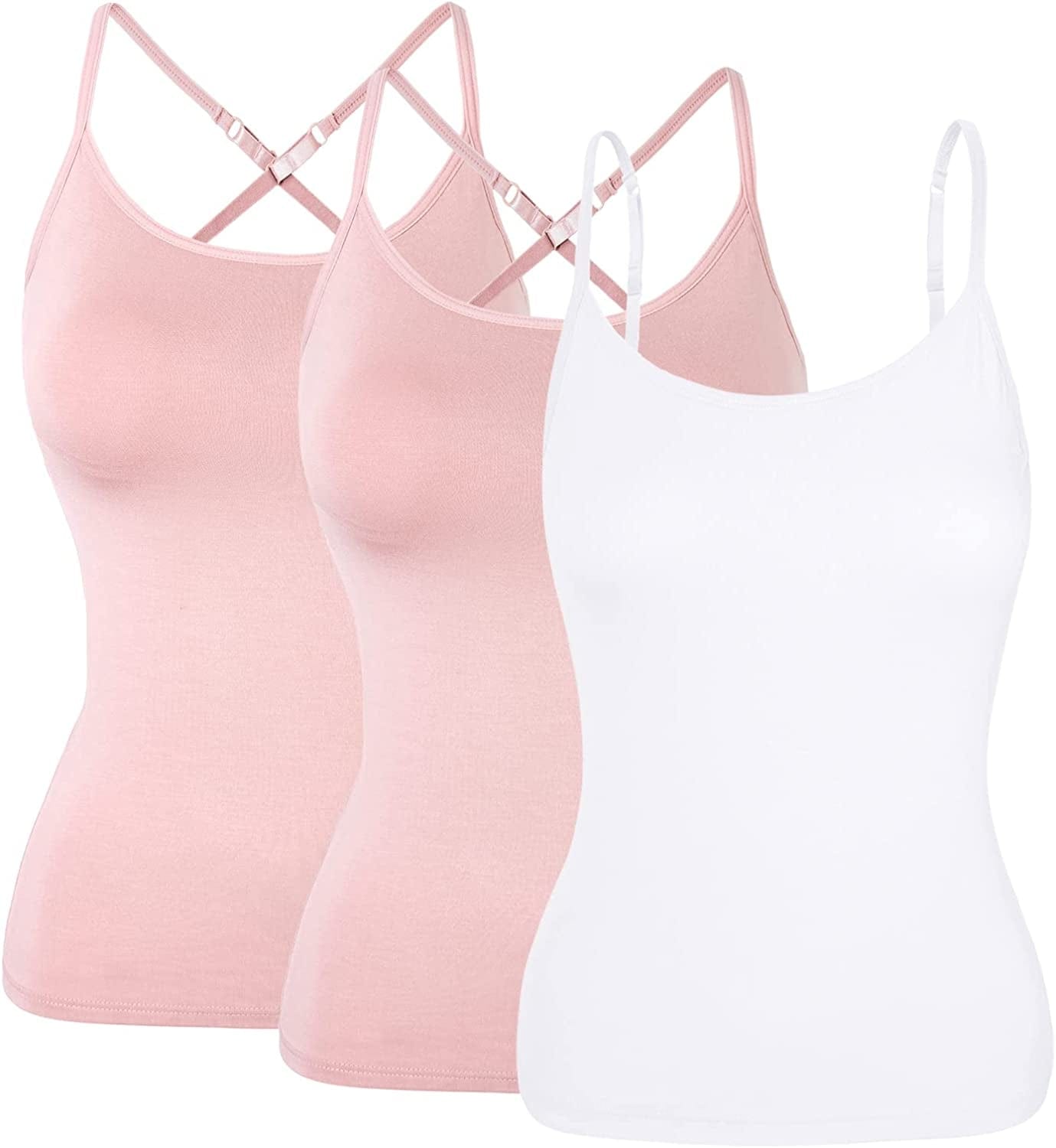 Women Spaghetti Strap Camisole Built in Shelf Bra Sleeveless Tank Top Padded Layering Undershirts Casual 2white/1pink-2 Style / XX-Large