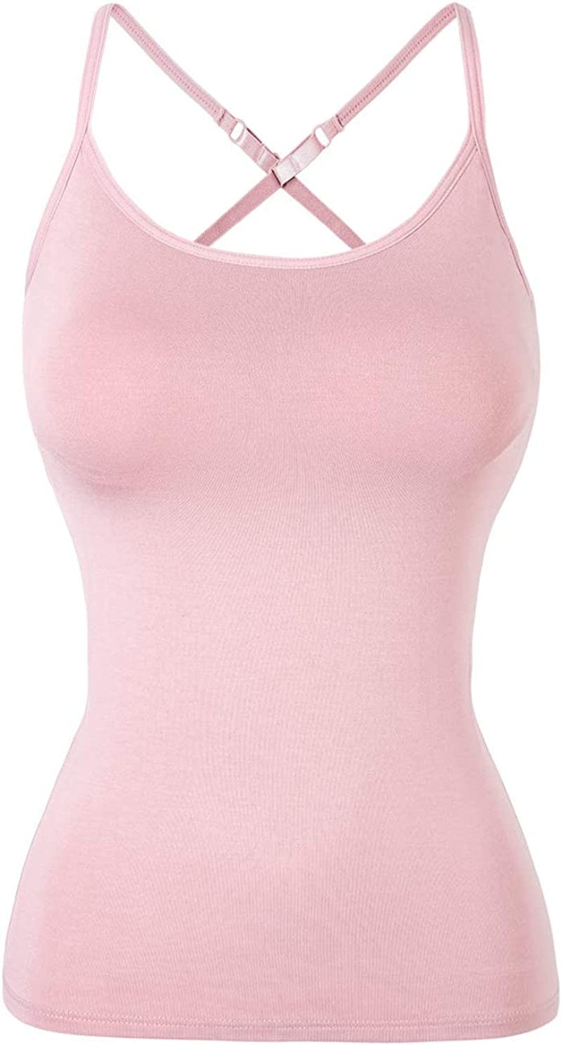 Women Spaghetti Strap Camisole Built in Shelf Bra Sleeveless Tank Top Padded Layering Undershirts Casual Pink-criss Cross / Medium
