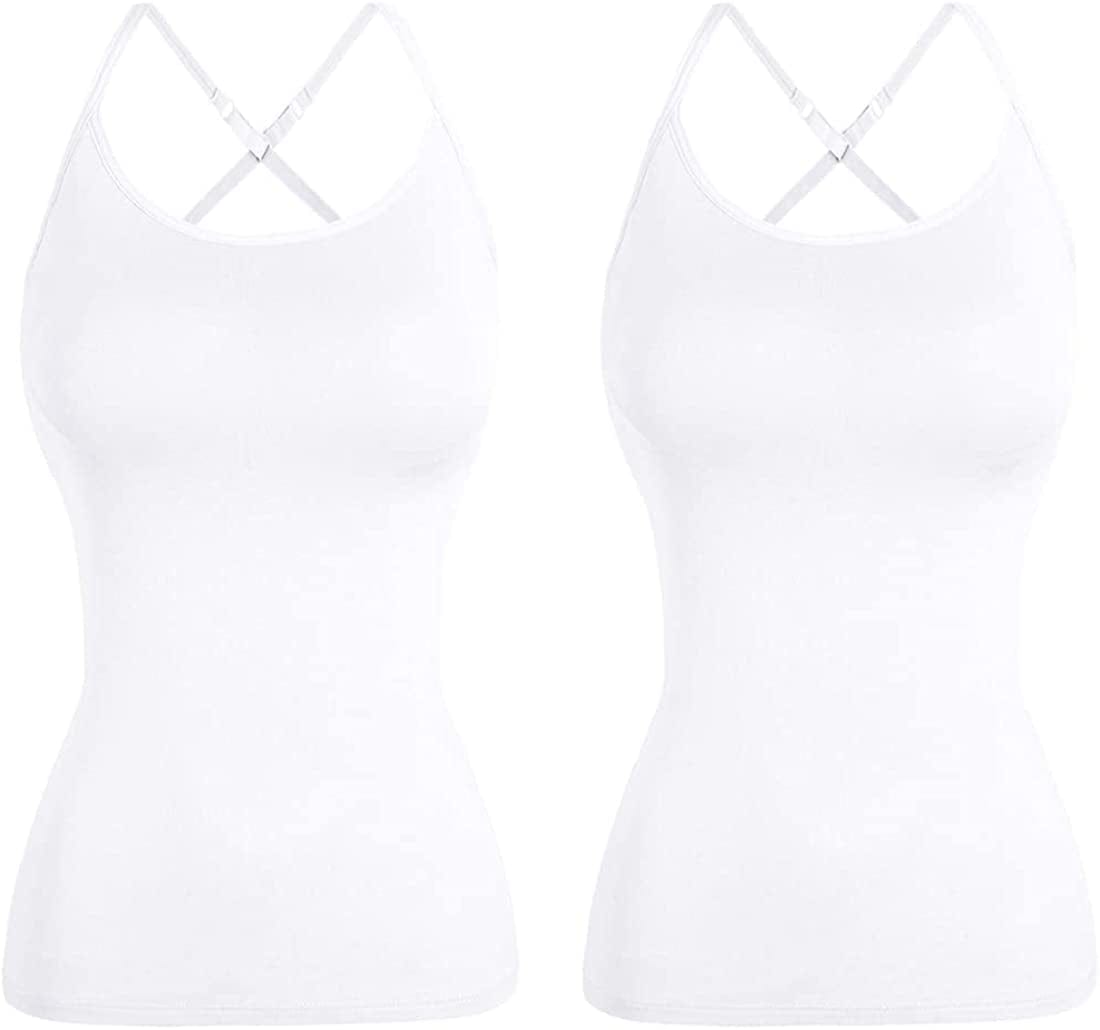 Women Spaghetti Strap Camisole Built in Shelf Bra Sleeveless Tank Top Padded Layering Undershirts Casual 2white-criss Cross / X-Large